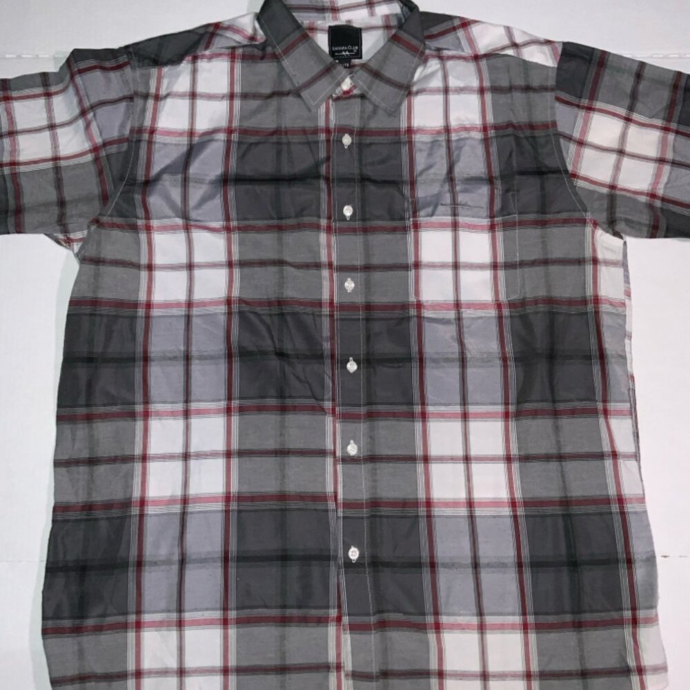 Sahara‎ Club Men XL Black Gray Red White Plaid Short Sleeve Button Down Shirt